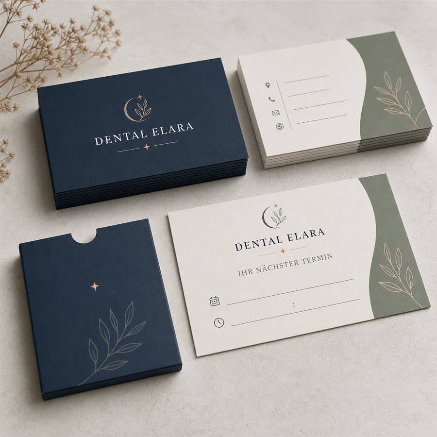 Design concept: business cards and appointment reminder card for Dental Elara.