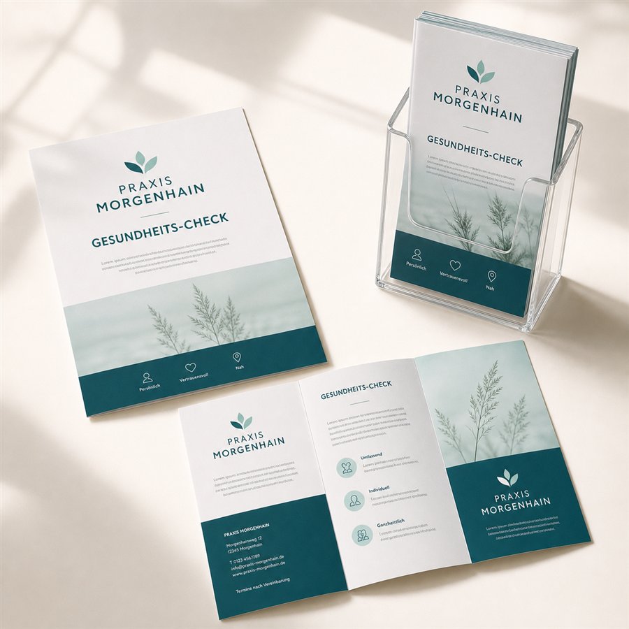 Design concept: patient flyer and folded health-check leaflet for Praxis Morgenhain.