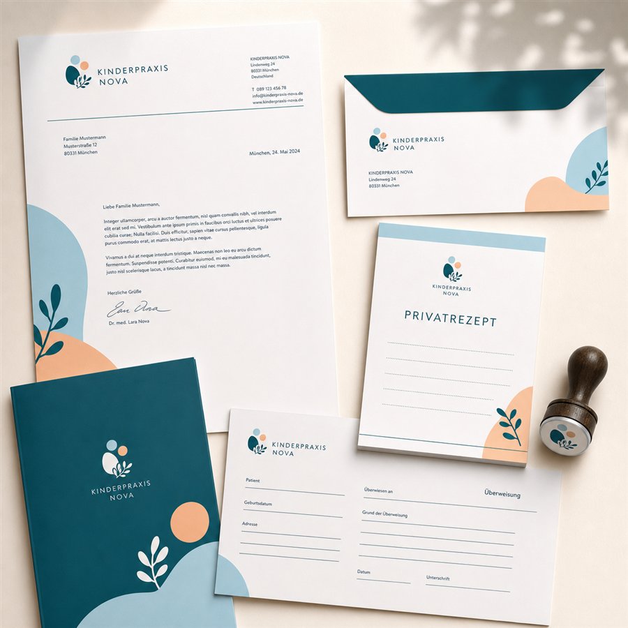 Design concept: letterhead, envelope, private prescription pad and practice forms for Kinderpraxis Nova.