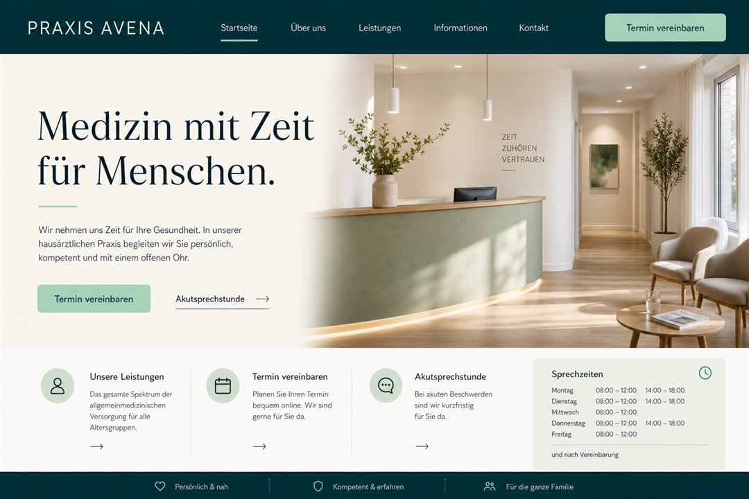 Homepage design concept for Praxis Avena with appointment access, acute consultation and opening hours.