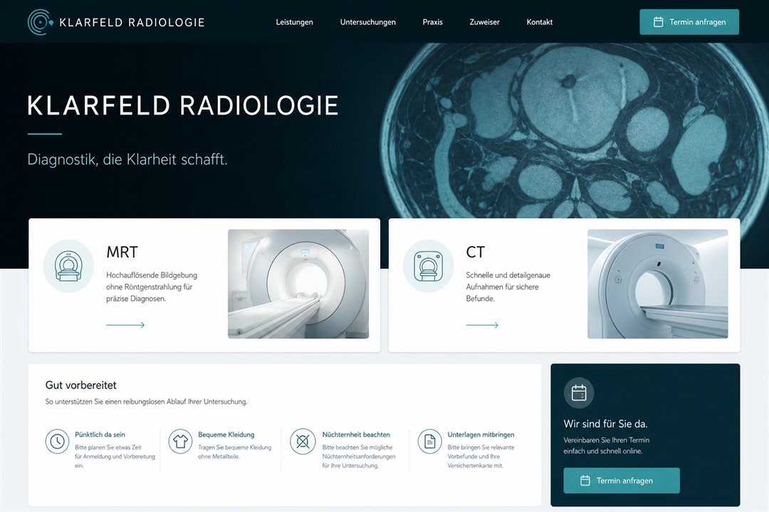 Radiology homepage concept with MRI and CT information and appointment enquiry.